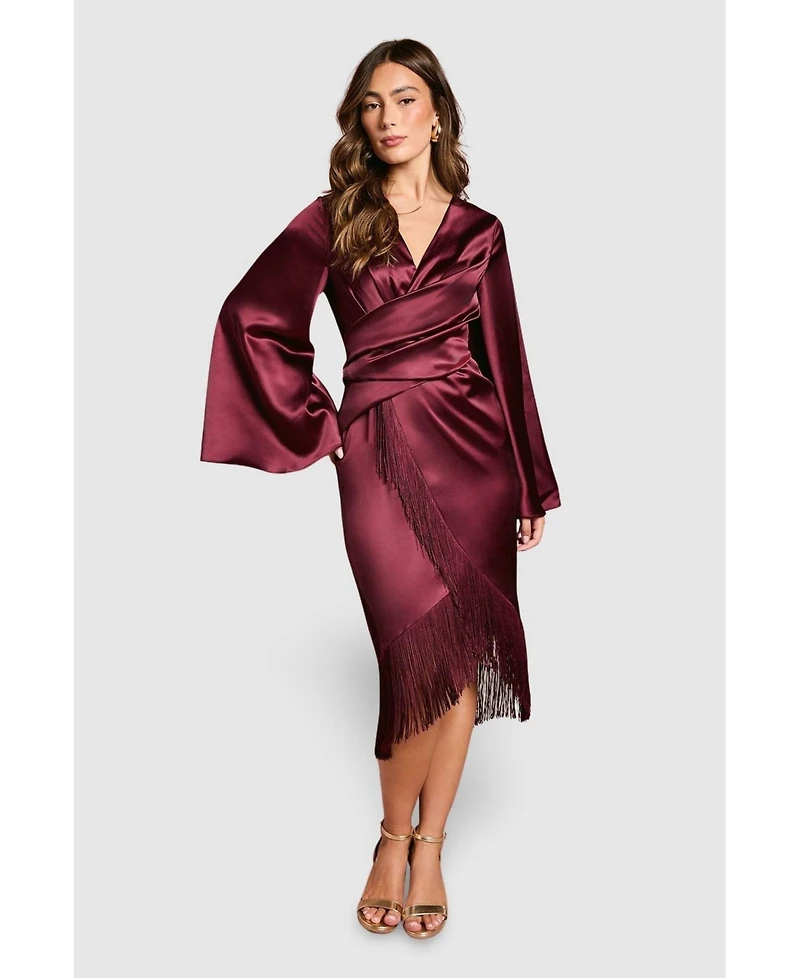 Coast Women's Satin Fringe Hem Wrap Waist Midi Dress