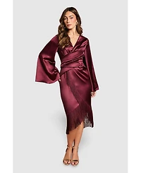Coast Women's Satin Fringe Hem Wrap Waist Midi Dress