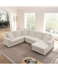 Streamdale Furniture Streamdale Beige Corduroy Striped U-shaped Sofa with Pull-out Bed & Storage Chaise