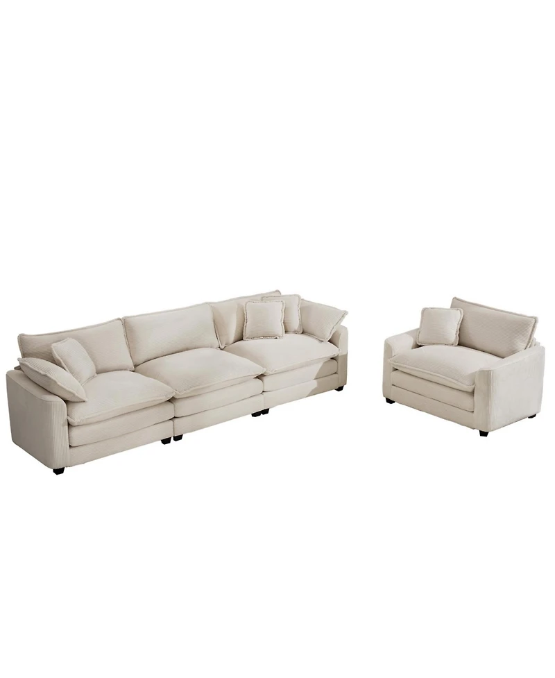 Streamdale Furniture Mid-Century Modern 2-Piece Sofa Set: 3-Seater & Chair, Light Beige Corduroy