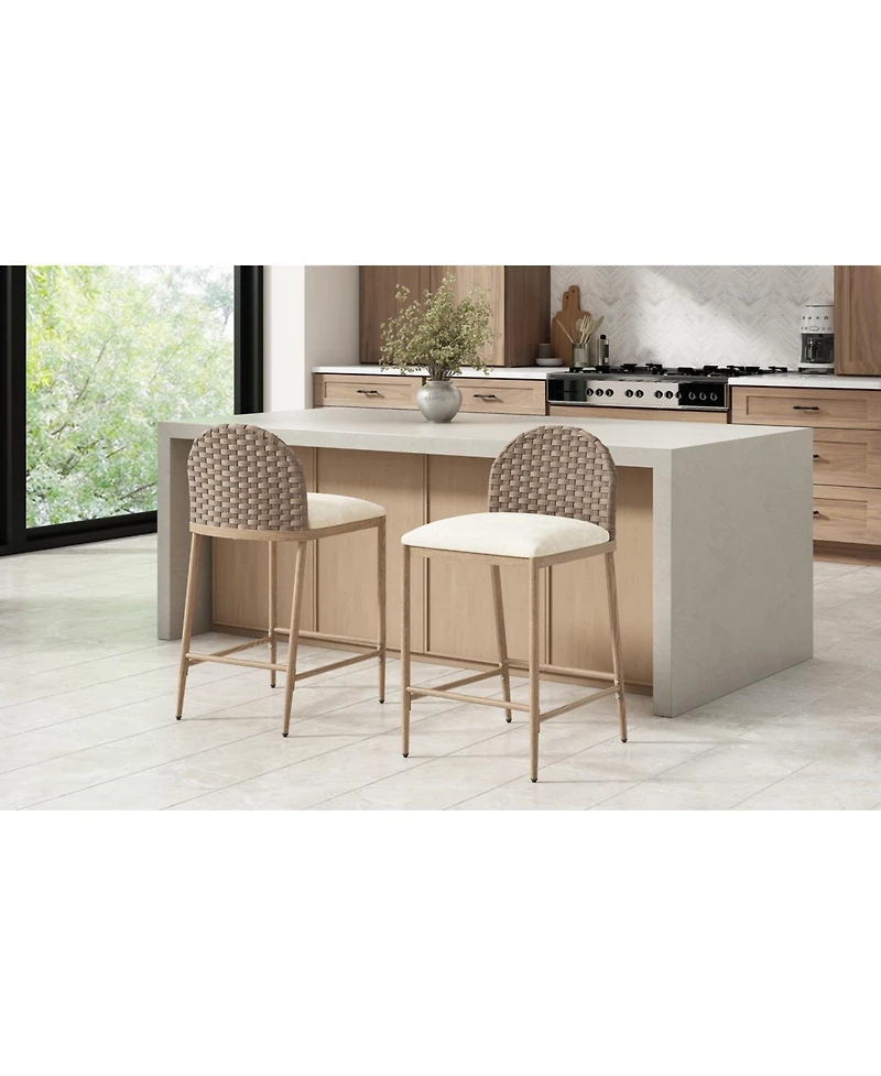 Streamdale Furniture Farmhouse Barstools Set of 2, Upholstered Counter Stools with Rattan Backrest, Brown+Beige