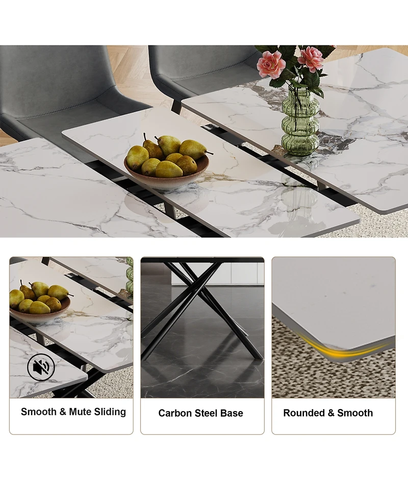 Streamdale Furniture59" Modern Expandable Dining Table w/Retractable Leaf, Charred Stone & Black Base