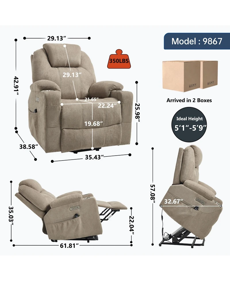 Streamdale Furniture Streamdale Power Lift Recliner Chair, 350 Lbs Capacity, 8-Point Massage, Heating, Usb/Type-c, Khaki