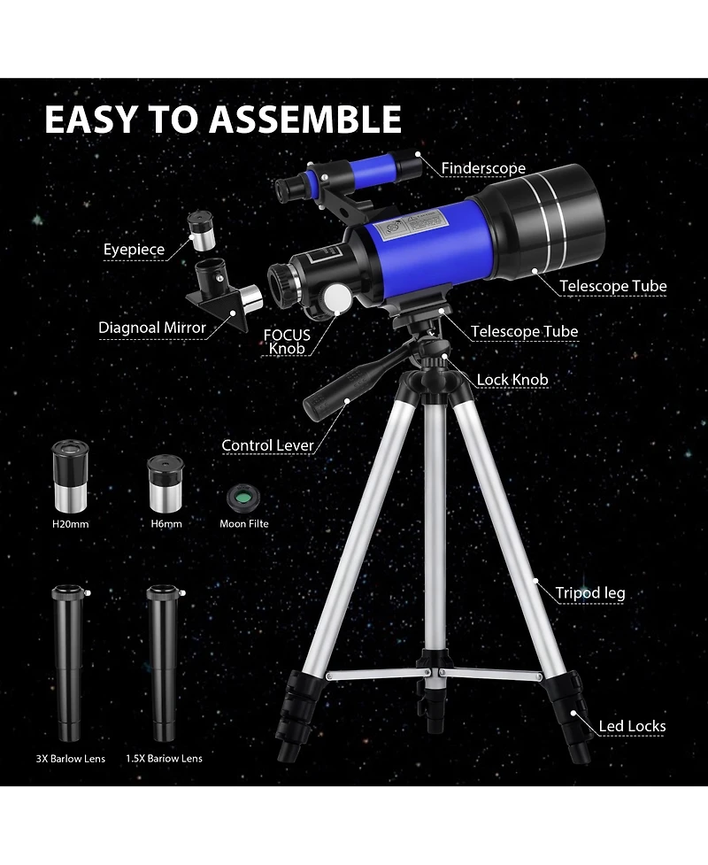 Telescope 70mm Aperture 300mm Az Mount Telescope with Stand and Phone Adapter for Kids, Adults and Beginners