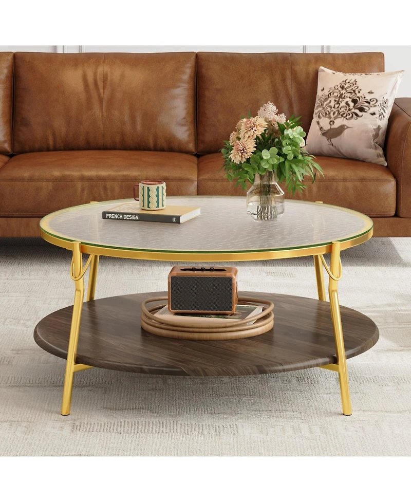 Streamdale Modern Round Walnut Coffee Table with Glass Top & Gold Base