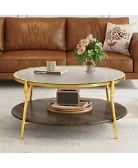 Streamdale Modern Round Walnut Coffee Table with Glass Top & Gold Base