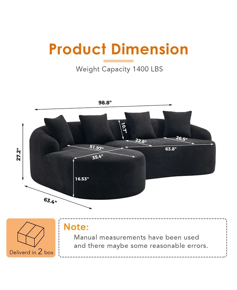 Streamdale Furniture Streamdale Compression L-Shape Sectional Sofa with Curved Chaise, Black Modular Chenille Couch