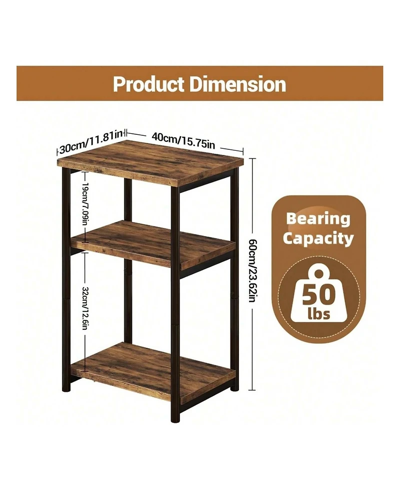 gaomon 3-Tier Side Table with Storage Tall End Table with Metal Frame Small Multifunctional Nightstand for Living Room