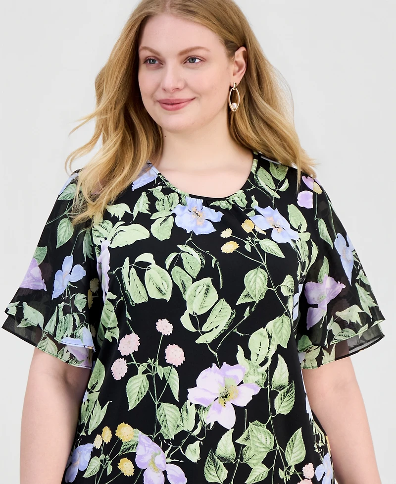 Kasper Plus Floral-Print Flutter-Sleeve Top