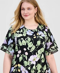Kasper Plus Floral-Print Flutter-Sleeve Top