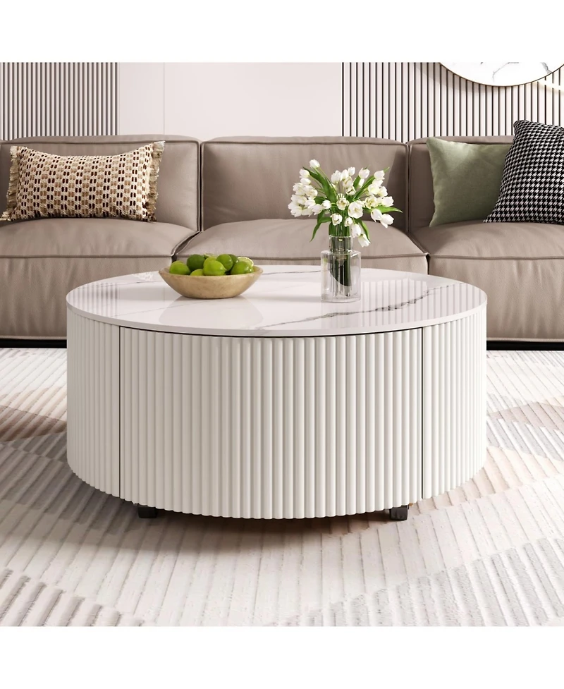 Streamdale Furniture Streamdale Modern Round Coffee Table with Casters & 2 Drawers, White Marble Top