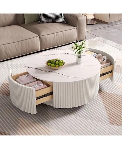 Streamdale Furniture Streamdale Modern Round Coffee Table with Casters & 2 Drawers, White Marble Top