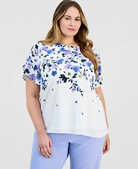 Kasper Plus Placed-Floral Tulip-Sleeve Blouse