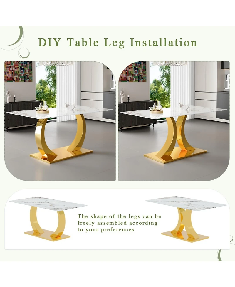 Streamdale Furniture Marble-Veined Glass Dining Set w/ Gold Accents: 63" Table & 6 U-Shaped Armchairs