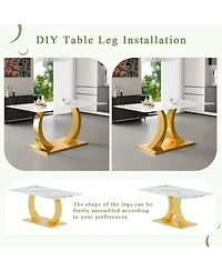 Streamdale Furniture Marble-Veined Glass Dining Set w/ Gold Accents: 63" Table & 6 U-Shaped Armchairs