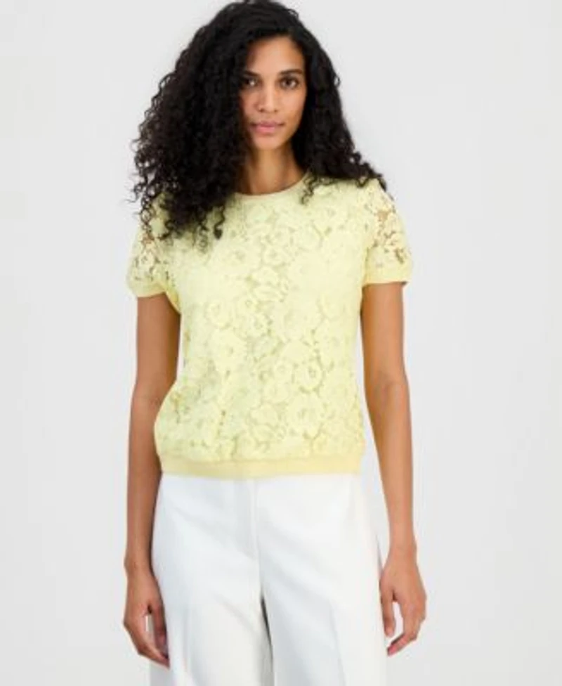 Tahari Asl Womens Lace Front Short Sleeve Sweater