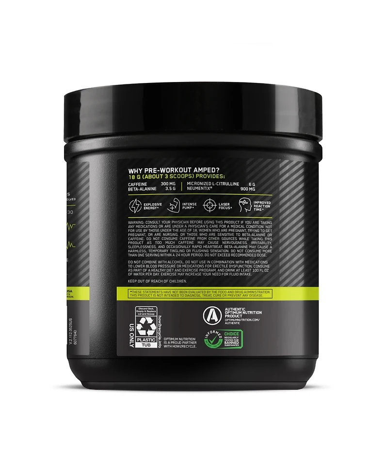 Optimum Nutrition, Pre-Workout Amped Powder, Berry Fusion, High Stim, Sugar-Free, Caffeine, 20 Servings