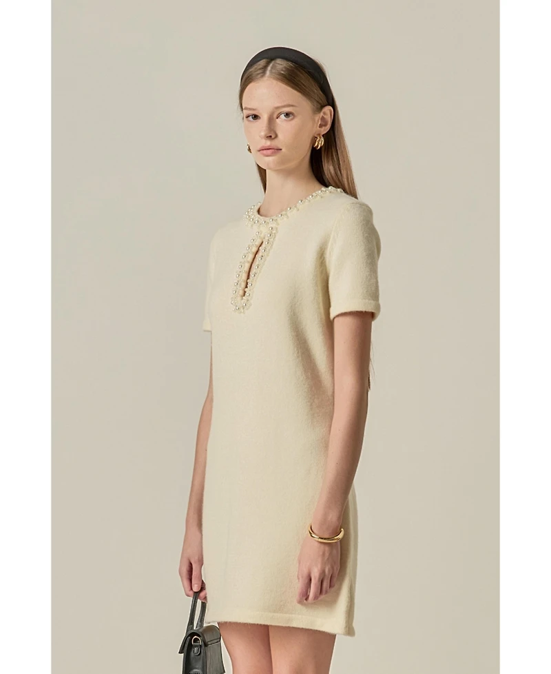English Factory Women's Pearl & Rhinestone Key Hole Knit Mini Dress
