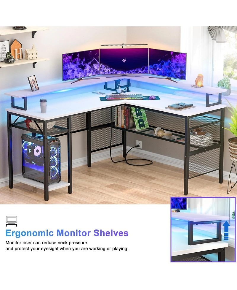 Aheaplus L Shaped Computer Desk with Power Outlets, 55 Inch Corner Desk with Led Lights, Monitor Stand and Shelves, Reversible