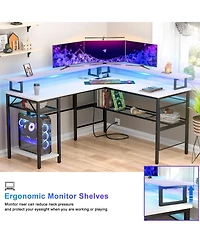 Aheaplus L Shaped Computer Desk with Power Outlets, 55 Inch Corner Desk with Led Lights, Monitor Stand and Shelves, Reversible
