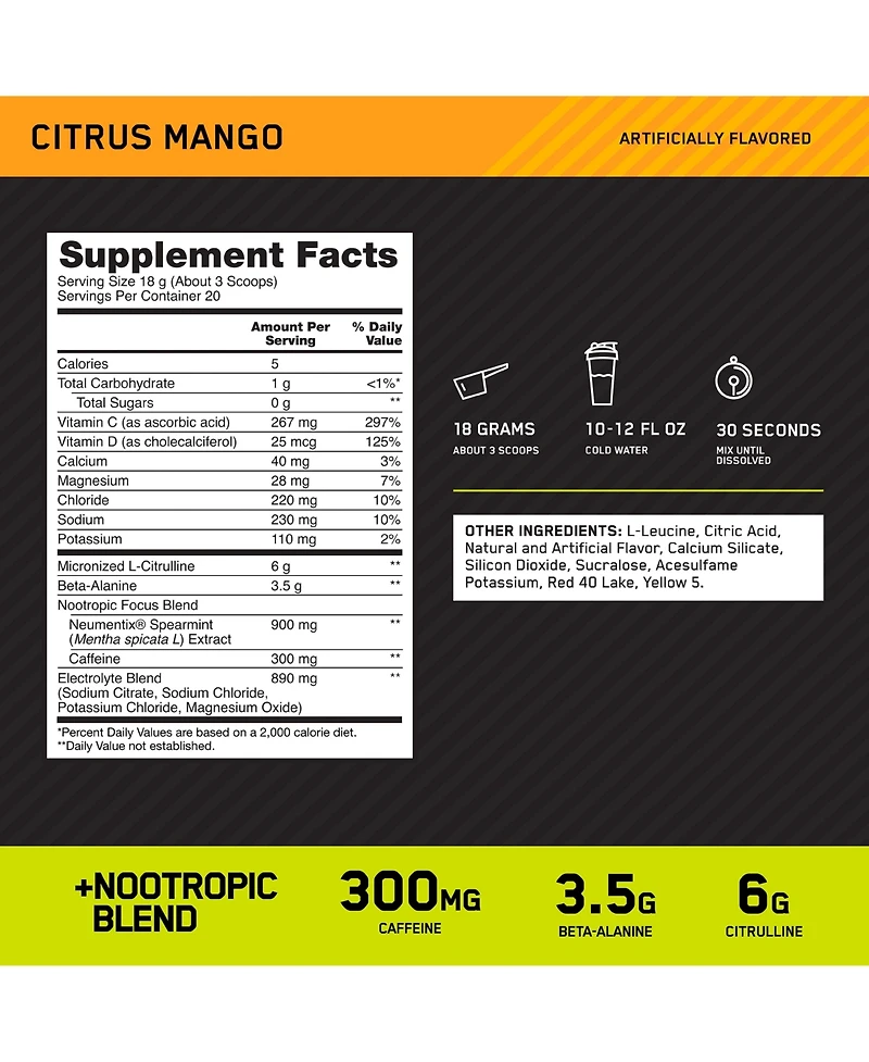 Optimum Nutrition, Pre-Workout Amped Powder, Citrus Mango, High Stim, Sugar-Free, Caffeine, 20 Servings