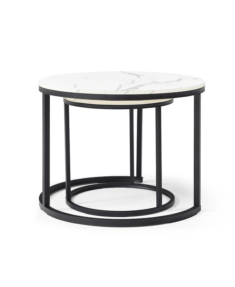 Streamdale Furniture Set of 2 White/Gray Marble Pattern Nesting Coffee Tables with Black Frame