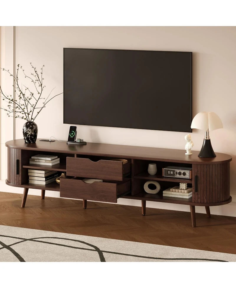 Streamdale Furniture 70" Mid Century Modern Tv Stand with Tambour Doors & Drawers