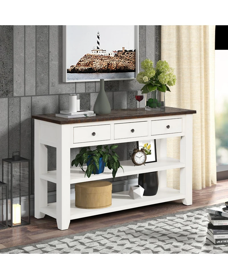 Streamdale Furniture 48" Solid Pine Wood Top Console Table with 3 Drawers & 2 Shelves (Antique White/Brown)