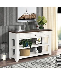 Streamdale Furniture 48" Solid Pine Wood Top Console Table with 3 Drawers & 2 Shelves (Antique White/Brown)