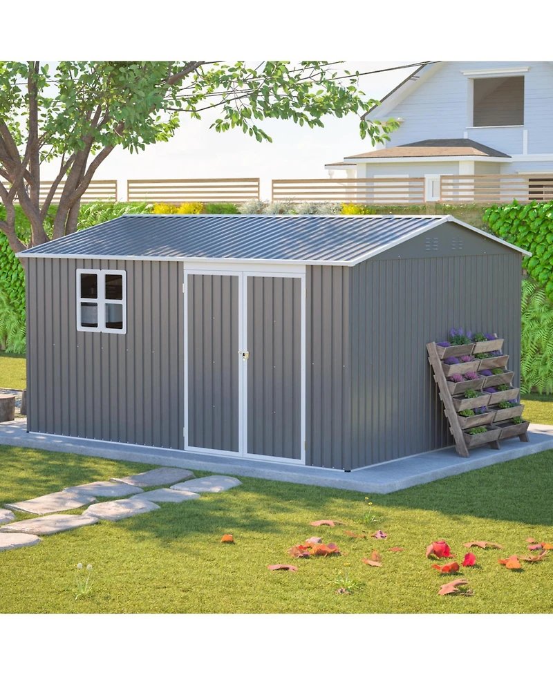 Streamdale Furniture 12x10 Ft Outdoor Storage Shed Metal, Large Garden Tool Sheds with Lockable Doors, Grey