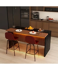 Streamdale Furniture 63-inch Modern Kitchen Island Set with 2 Bar Stools - Black Marble Look, Led Lighting & Grill