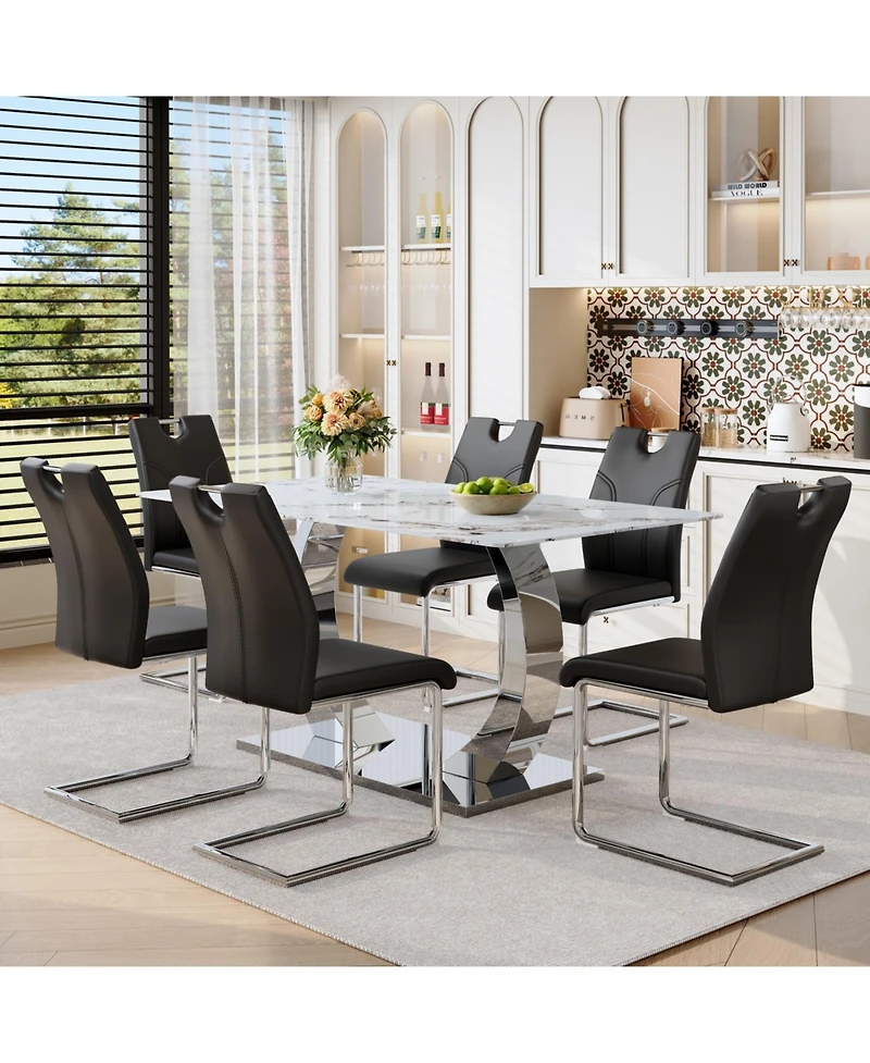 Streamdale Furniture Switchable Mode Stainless Steel Legs Dining Set: White Glass Top & 6 Black Armchairs