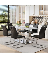 Streamdale Furniture Switchable Mode Stainless Steel Legs Dining Set: White Glass Top & 6 Black Armchairs