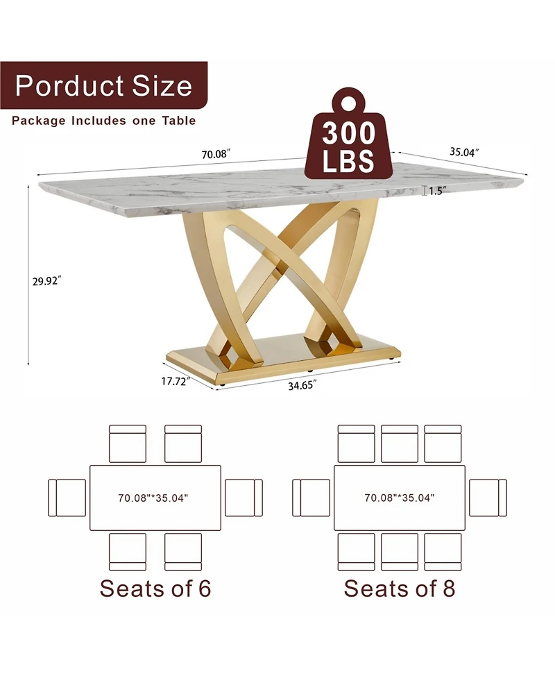 Streamdale Furniture Marble Dining Table for 6, 70" Faux Marble Rectangle Table with Mirrored Stainless Steel Base (Gold, White)