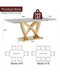 Streamdale Furniture Marble Dining Table for 6, 70" Faux Marble Rectangle Table with Mirrored Stainless Steel Base (Gold, White)
