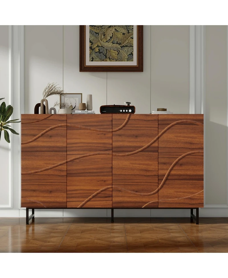 Streamdale Furniture Modern Art Solid Wood Sideboard, 59"W, Wave Relief, Walnut Texture, Iron Legs