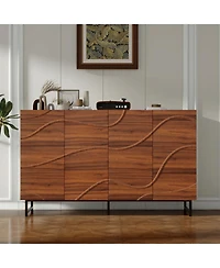 Streamdale Furniture Modern Art Solid Wood Sideboard, 59"W, Wave Relief, Walnut Texture, Iron Legs