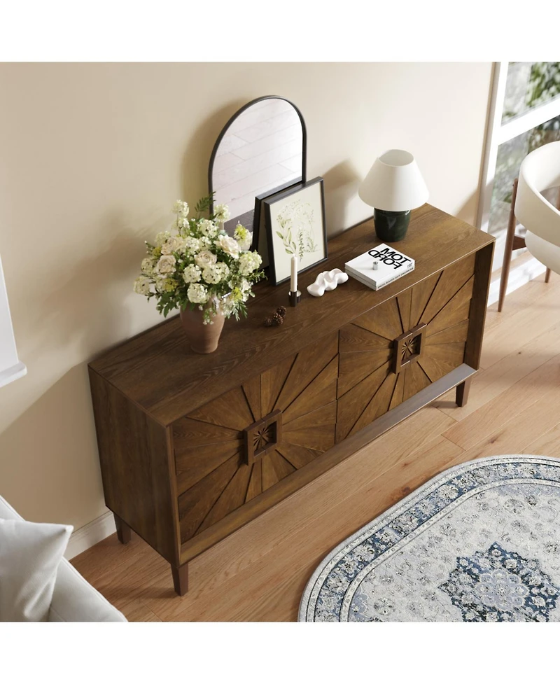 Streamdale Furniture Streamdale Rustic Farmhouse Credenza - Sunburst Doors, Adjustable Shelves (Antique Brown