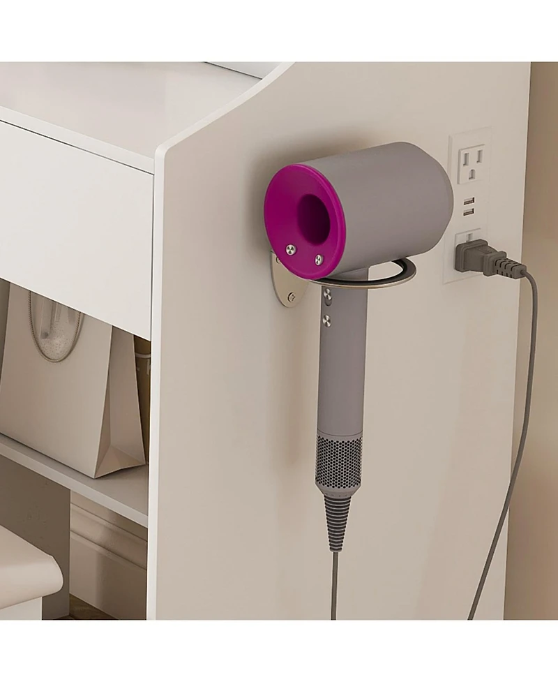 Streamdale Furniture Streamdale 3-Color Led Vanity Mirror with Stool & Pink Dressing Table, 2 Drawers, 5 Cabinets