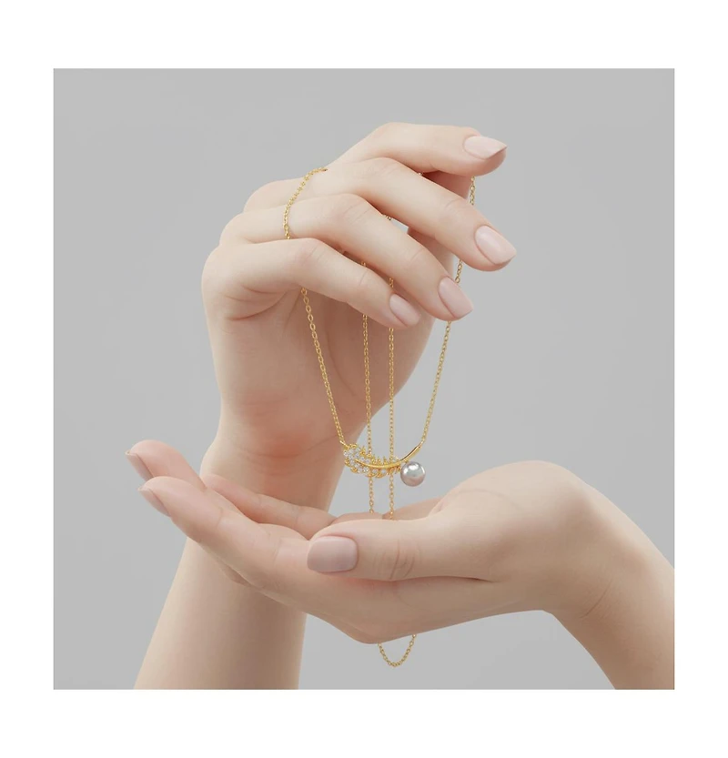 Genevive 14k Gold Plated Sterling Silver with Cubic Zirconia & Faux Pearl Fern Leaf Pendant Necklace