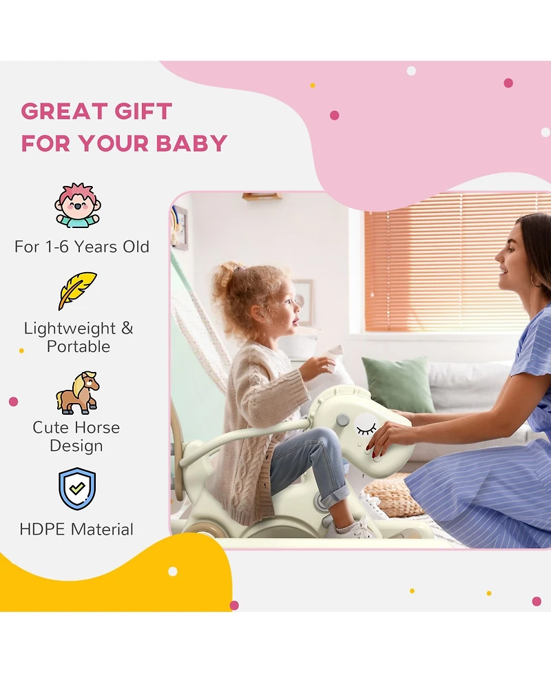 Qaba 5 in 1 Rocking Horse for Toddlers 1-6 Years w/ Balance Board