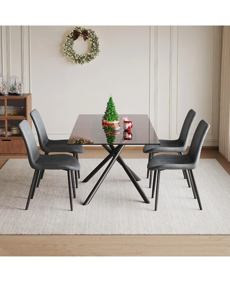 Streamdale Furniture 59-inch Expandable Dining Table Set with 4 Gray Chairs, Black Glass Top & X-Base