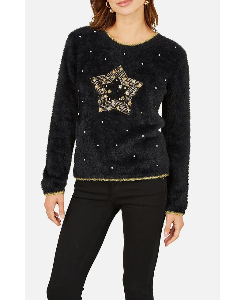 Yumi Women's Fluffy Star Holiday Sweater