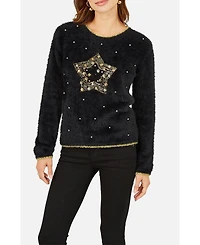 Yumi Women's Fluffy Star Holiday Sweater