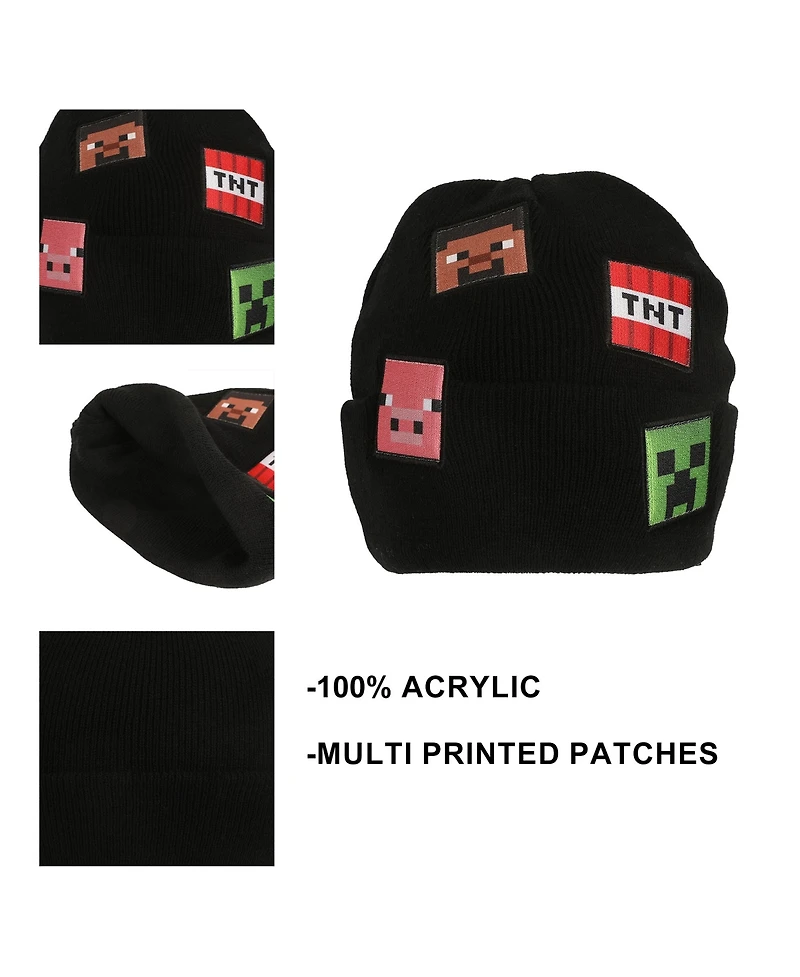 Minecraft Men's Printed Character Patches Black Cuff Beanie