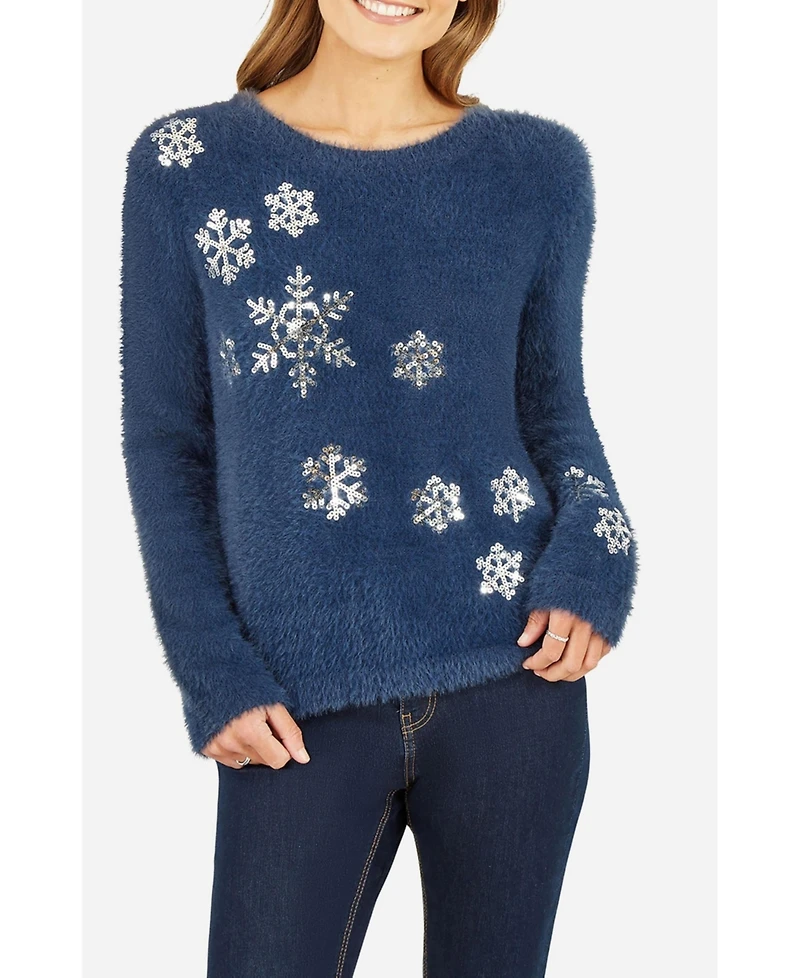 Yumi Women's Sequin Snowflake Fluffy Sweater