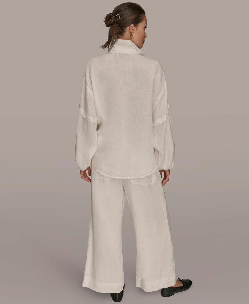 Donna Karan Weekend Women's Long Blouson Sleeve Button Adjustable Tie Shirt