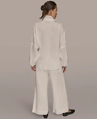 Donna Karan Weekend Women's Long Blouson Sleeve Button Adjustable Tie Shirt