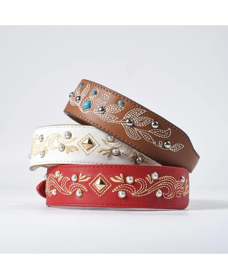 Blueberry Pet Western Style Full Grain Genuine Leather Embroidered Dog Collar with Pearl or Turquoise Studs