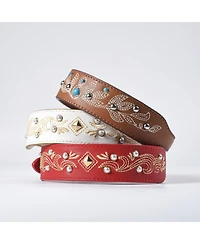 Blueberry Pet Western Style Full Grain Genuine Leather Embroidered Dog Collar with Pearl or Turquoise Studs